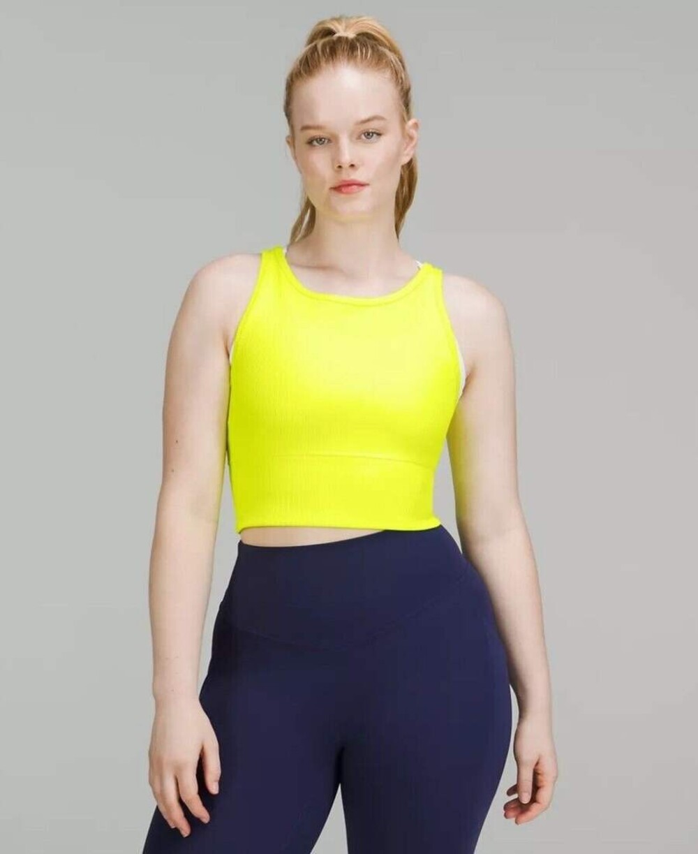 NWT Lululemon Power Pivot Tank Ribbed Crop HIYE Yellow Neon Sz 10 Reversible
